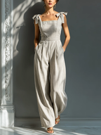 Women's Beige & White Striped Jumpsuit With Square Neck & Tie Straps