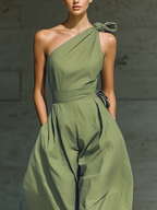 Women's Light Green One-Shoulder Wide-Leg Jumpsuit With Tie Waist