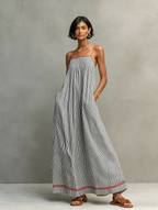 Women's Minimalist Striped Maxi Dress With Red Trim And Spaghetti Straps