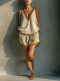 Women's Beige Contrast Trim V-Neck Tank Top & Khaki Shorts Two-Piece Set