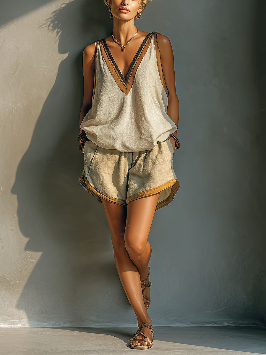 Women's Beige Contrast Trim V-Neck Tank Top & Khaki Shorts Two-Piece Set