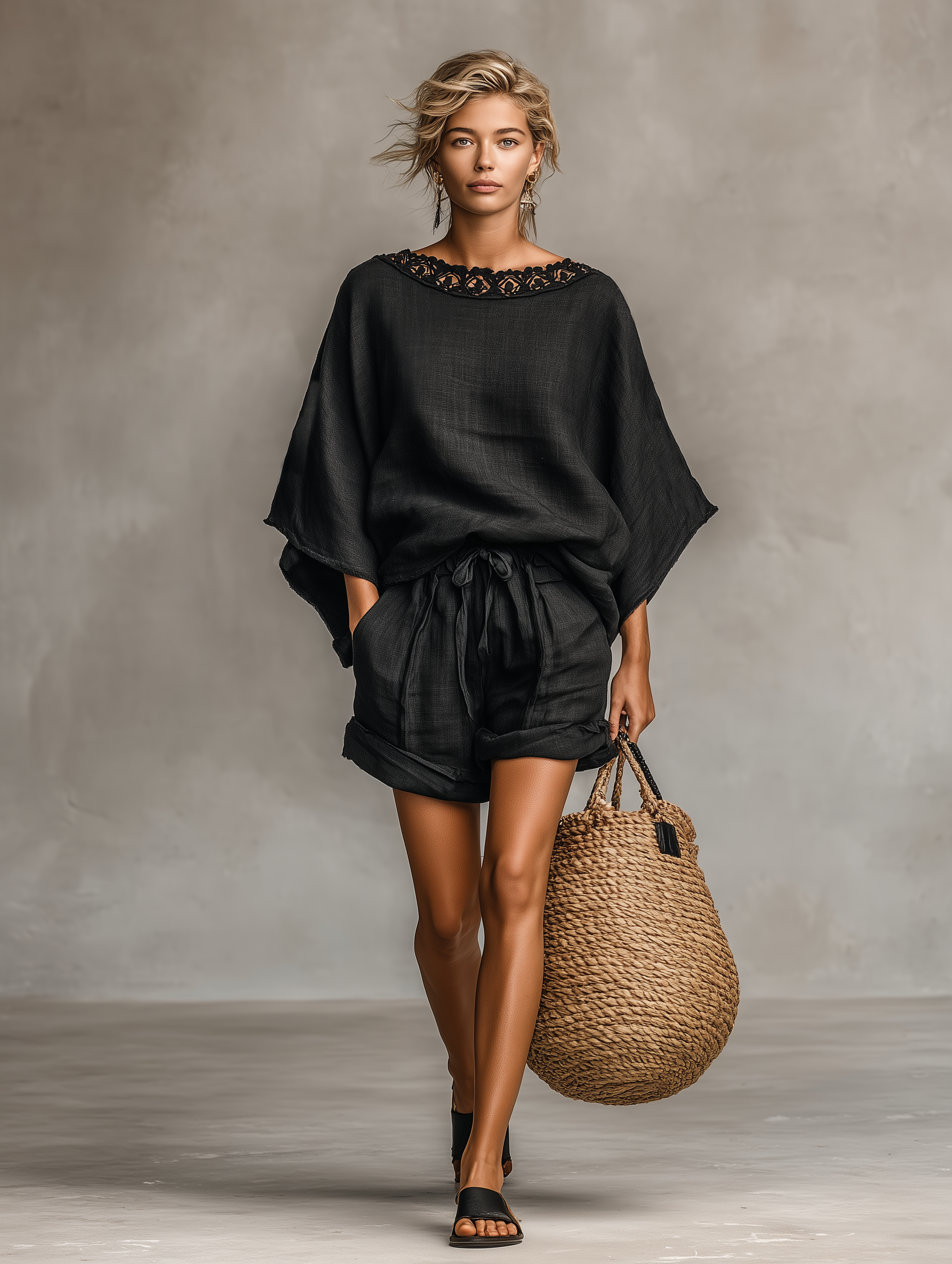 Women's Minimalist Lace Boat Neck Blouse And Shorts Set