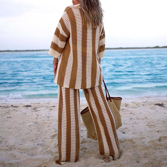 Amelia™ - Striped Hollow Out Top And Pants Set