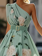 Julie | Light Green Floral Chiffon Maxi Dress with One Shoulder