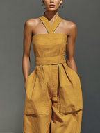 Women's Mustard Yellow Jumpsuit With Crisscross Neckline & Relaxed Trousers