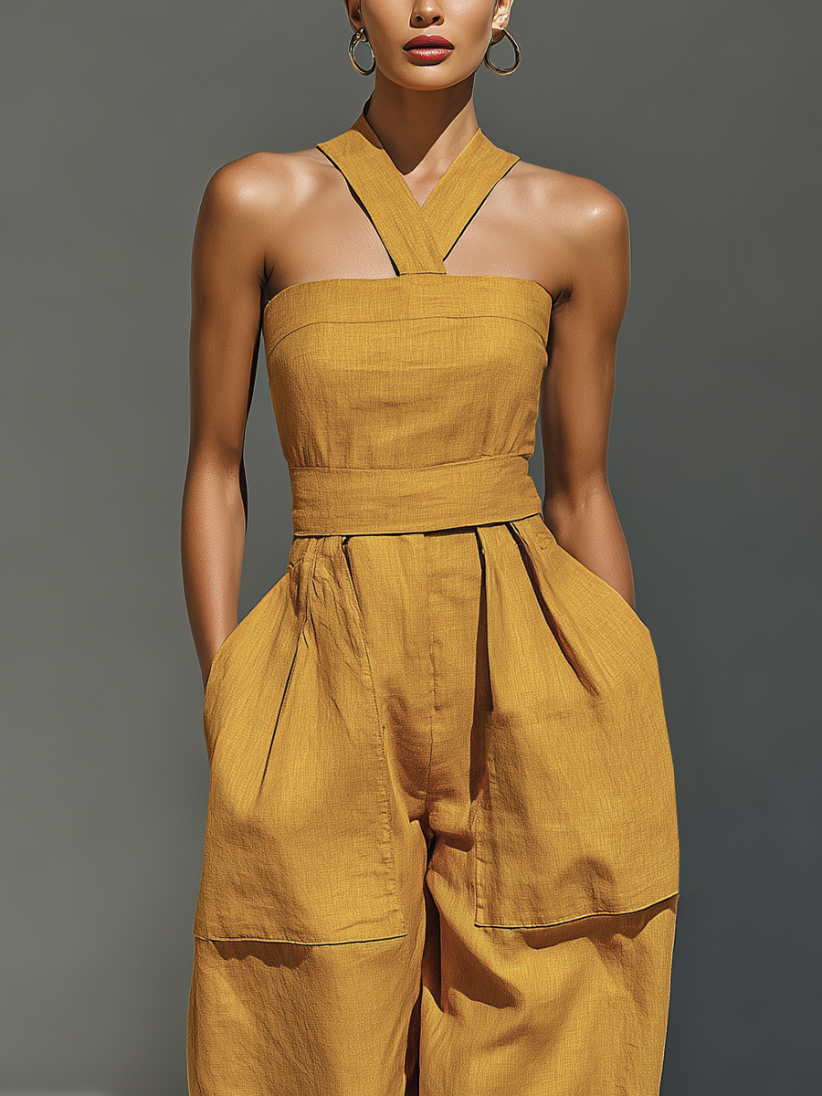 Women's Mustard Yellow Jumpsuit With Crisscross Neckline & Relaxed Trousers