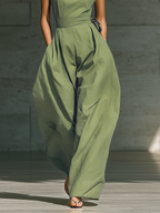 Women's Light Green One-Shoulder Wide-Leg Jumpsuit With Tie Waist