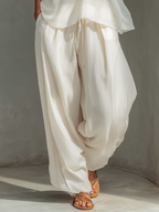 Women's Cream Two-Piece Set With Semi-sheer Chiffon Sleeveless Top & Drawstring Wide-Leg Trousers