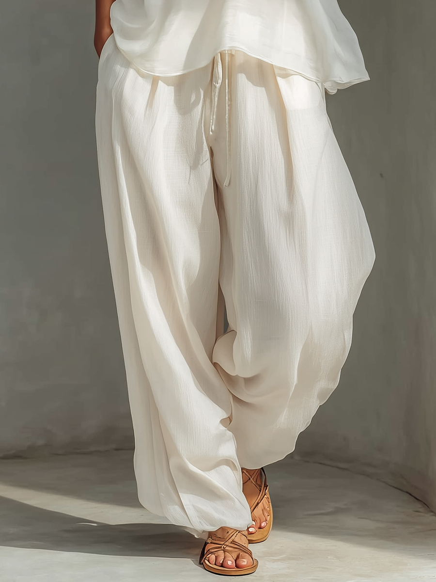 Women's Cream Two-Piece Set With Semi-sheer Chiffon Sleeveless Top & Drawstring Wide-Leg Trousers