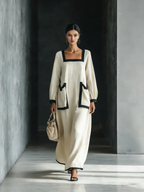 Women's Beige Blend Square-Neck Maxi Dress With Black Trim & Oversized Pockets