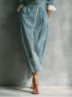 Women's Blue And White Striped Shirt Dress With Red Chest Pocket