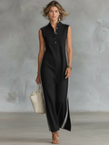 Women's Minimalist Athletic-Style Sleeveless Henley Maxi Dress