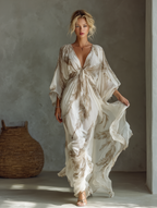 Women's Ivory And Taupe Chiffon Fabric Dolman Sleeve Maxi Dress With Twist Front & Palm Leaf Print