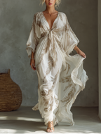 Women's Ivory And Taupe Chiffon Fabric Dolman Sleeve Maxi Dress With Twist Front & Palm Leaf Print