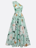 Julie | Light Green Floral Chiffon Maxi Dress with One Shoulder