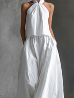 Women's Casual White Halter-neck Sleeveless Top And Skirt Set