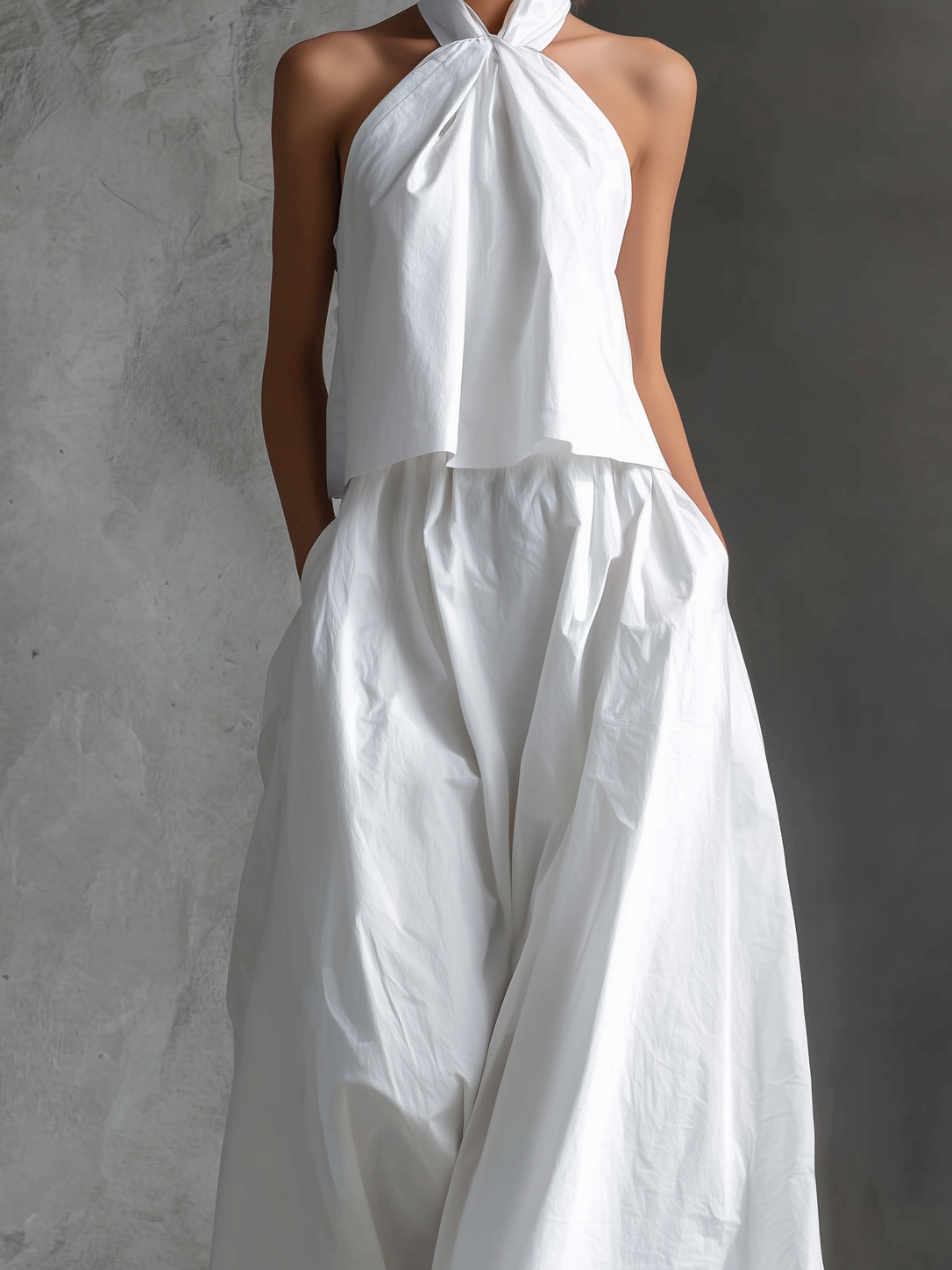 Women's Casual White Halter-neck Sleeveless Top And Skirt Set