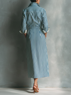 Women's Blue And White Striped Shirt Dress With Red Chest Pocket