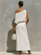 Women's White Set With One-Shoulder Knot Detail & Front Slit, Timeless Minimalist-Resort Style Set