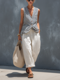 Women's Casual Striped Woven Sleeveless Vest Paired With White Trousers Set