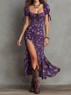 Wendy | Boho Puff Sleeve Midi Dress with Floral Print