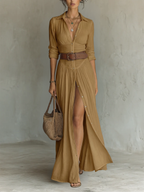 Long Maxi Dress with Notched Collar and Long Sleeves for Women