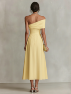 Women's Yellow Dress With One-Shoulder Neckline & Fitted Waist, Timeless Elegant-Chic Style Dress