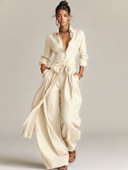 Women's Elegant Brown Long-sleeved Shirt Collar Jumpsuit With Belt