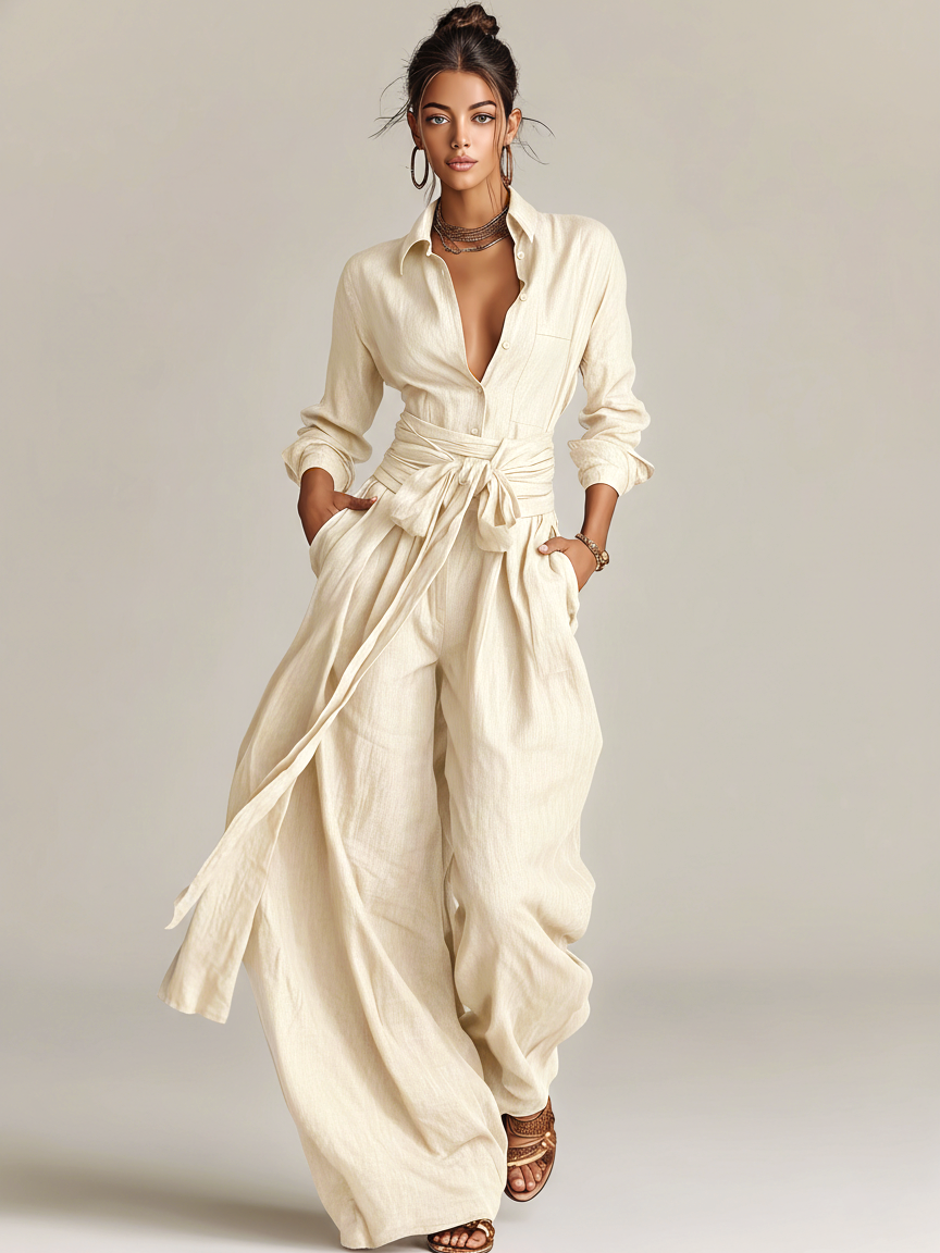 Women's Elegant Brown Long-sleeved Shirt Collar Jumpsuit With Belt