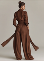 Women's Elegant Brown Long-sleeved Shirt Collar Jumpsuit With Belt