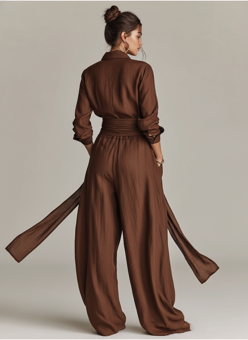 Women's Elegant Brown Long-sleeved Shirt Collar Jumpsuit With Belt