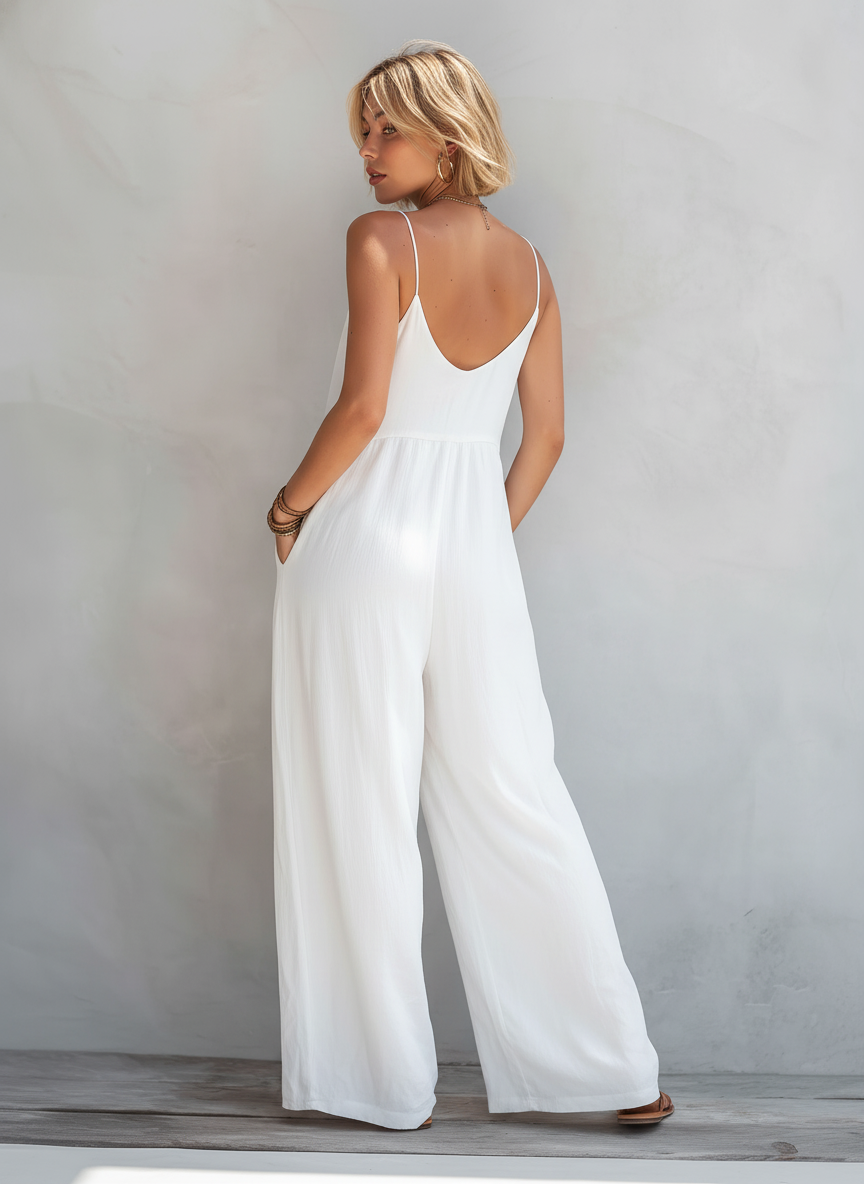 Women's Casual White Sleeveless Loose Jumpsuit