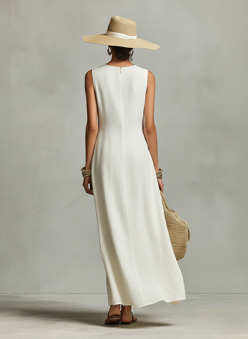 Women's Ivory Breathable Dress With Sleeveless Detail & Asymmetric Hem, Contemporary Casual-Feminine Style Dress