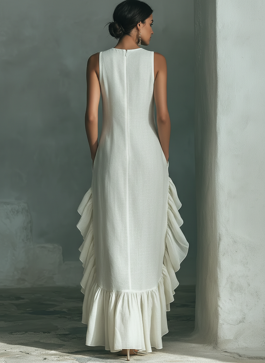 Women's Ivory Sleeveless Maxi Dress With Round Neck & Ruffle Hem