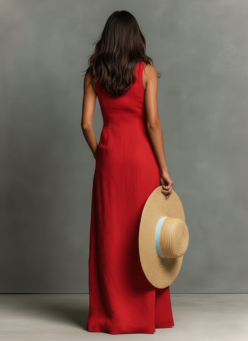 Women's Minimalist Collared Single-Breasted Sleeveless Maxi Shirt Dress