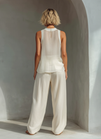 Women's Cream Two-Piece Set With Semi-sheer Chiffon Sleeveless Top & Drawstring Wide-Leg Trousers