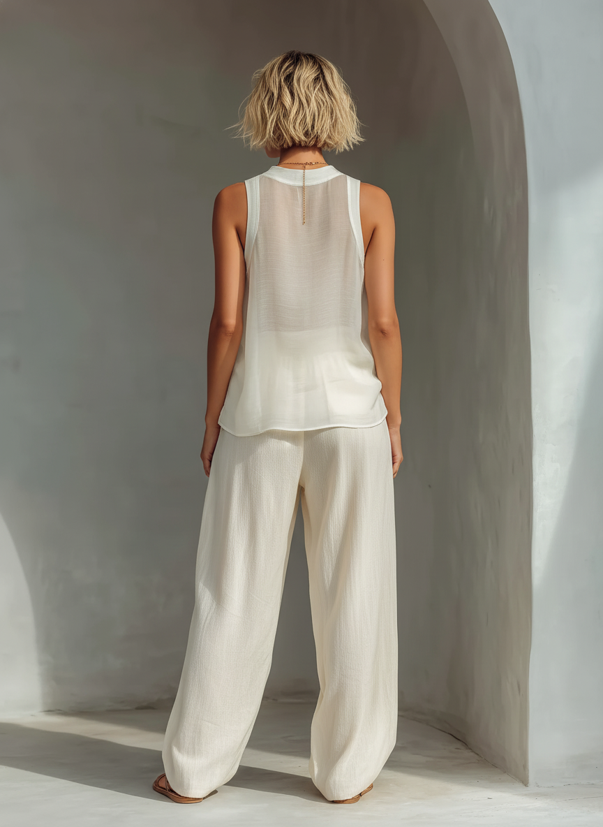 Women's Cream Two-Piece Set With Semi-sheer Chiffon Sleeveless Top & Drawstring Wide-Leg Trousers