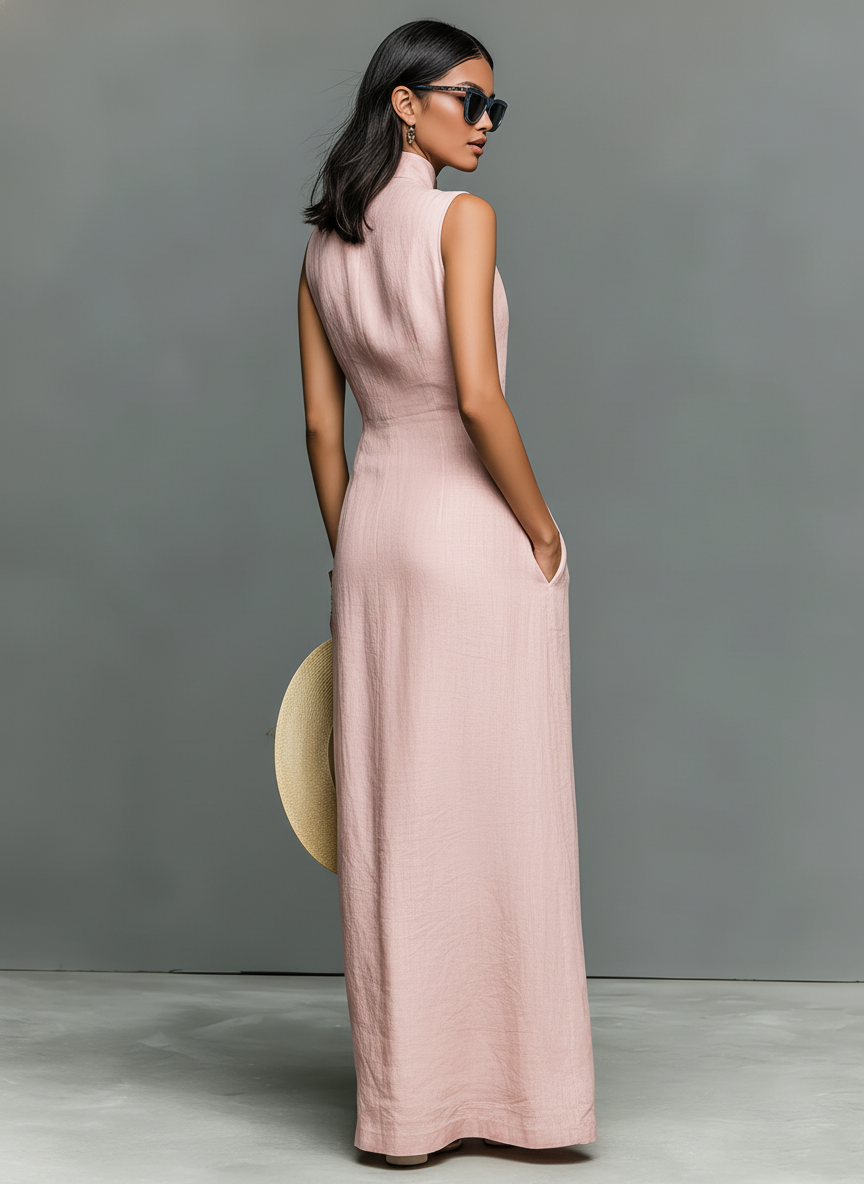Women's Minimalist Stand-Collar Single-Breasted Sleeveless Maxi Dress