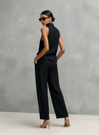 Women's Elegant Black Round-neck Sleeveless Top And Trousers Set
