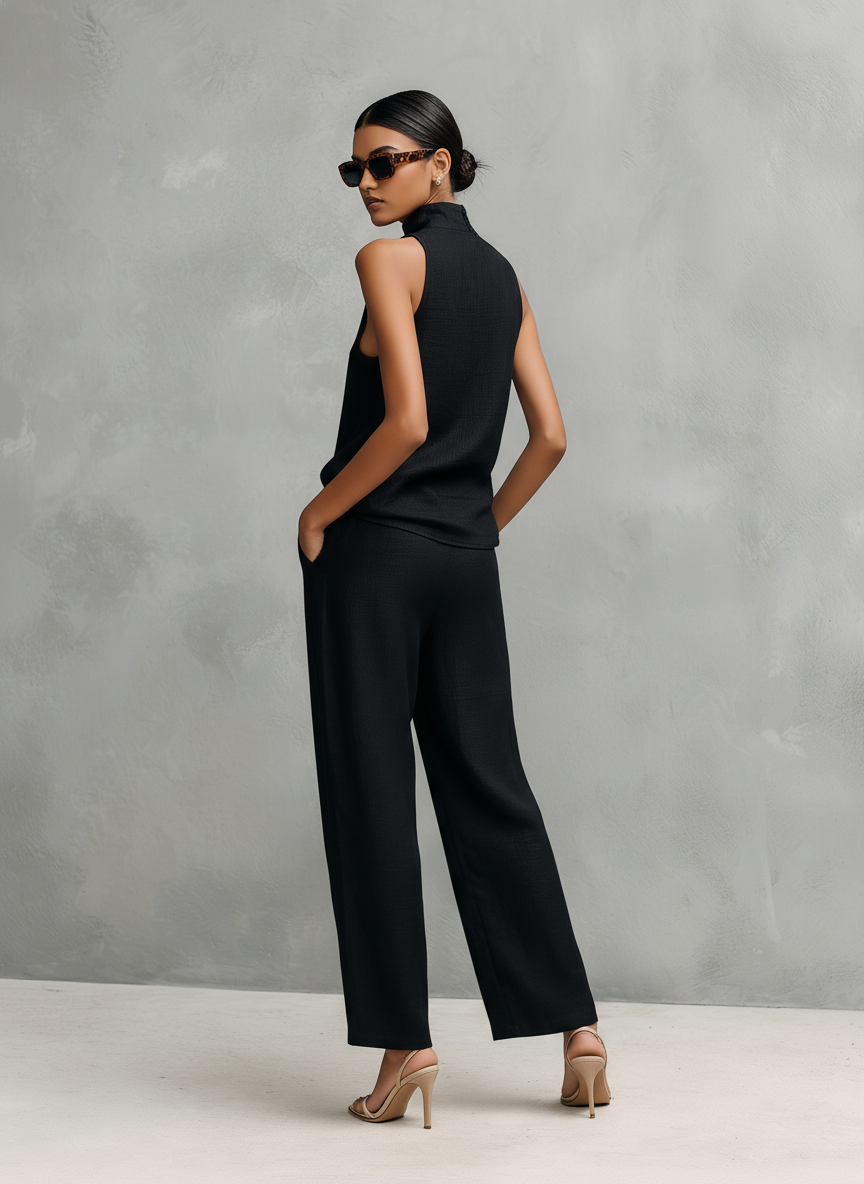 Women's Elegant Black Round-neck Sleeveless Top And Trousers Set