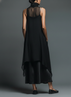 Women's Minimalist Imitation Acetate Slip Dress Paired With A Chiffon Overlay Maxi Dress