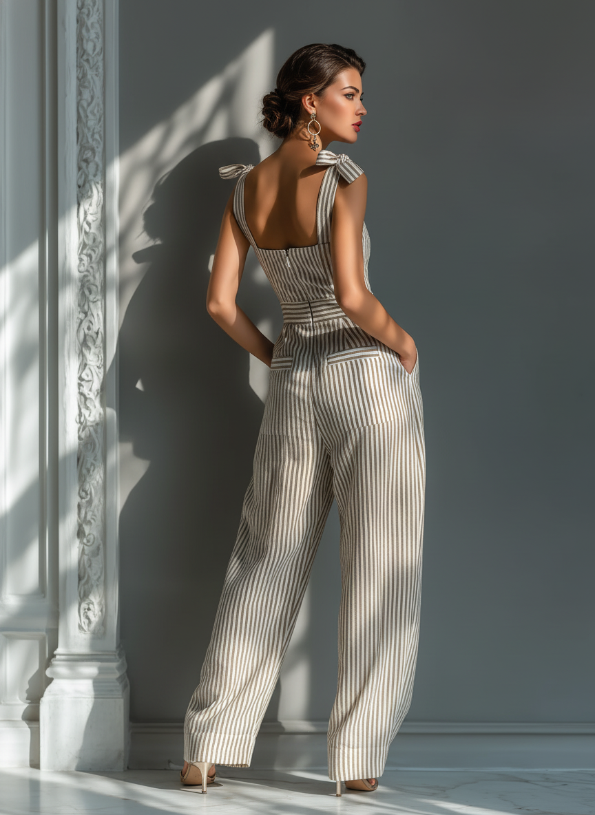 Women's Beige & White Striped Jumpsuit With Square Neck & Tie Straps
