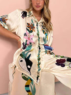 Nika | Satin Shirt and Pants Set with Unique Vibes Resort Print