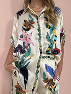 Nika | Satin Shirt and Pants Set with Unique Vibes Resort Print