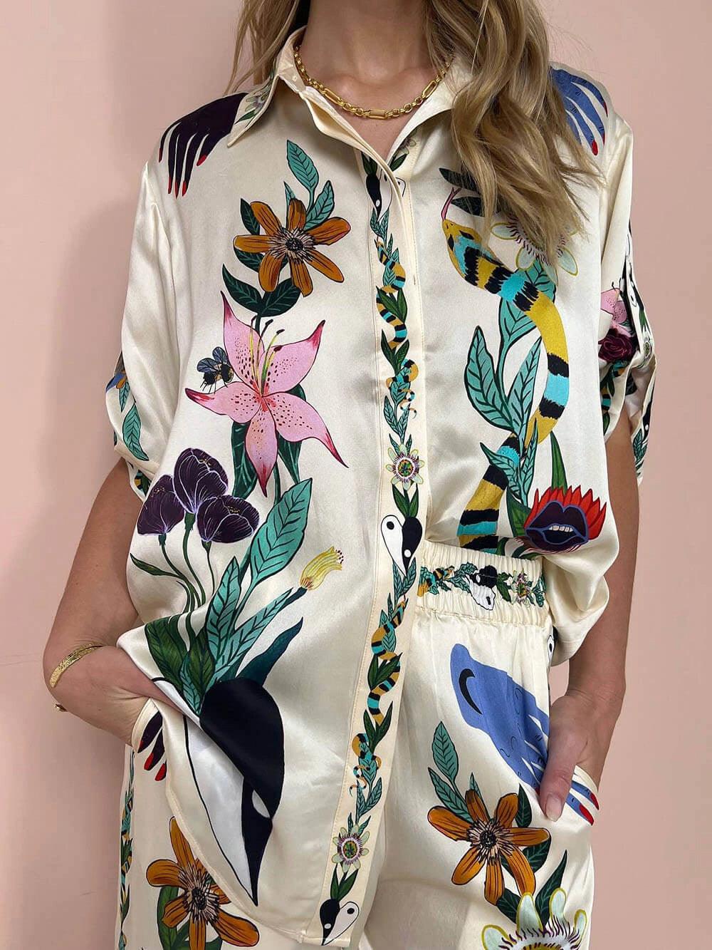 Nika | Satin Shirt and Pants Set with Unique Vibes Resort Print