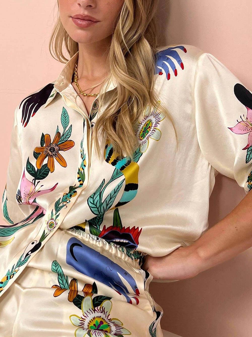 Nika | Satin Shirt and Pants Set with Unique Vibes Resort Print