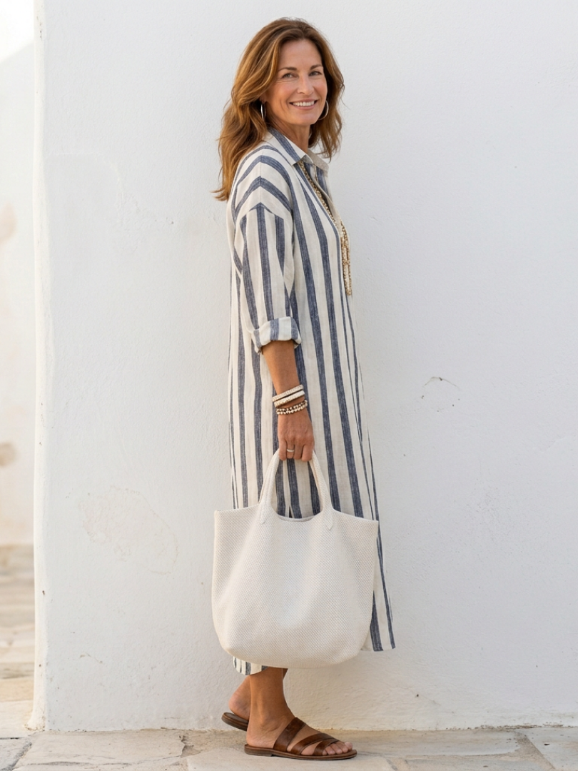 Nadia | Elegant Striped Midi Shirt Dress
