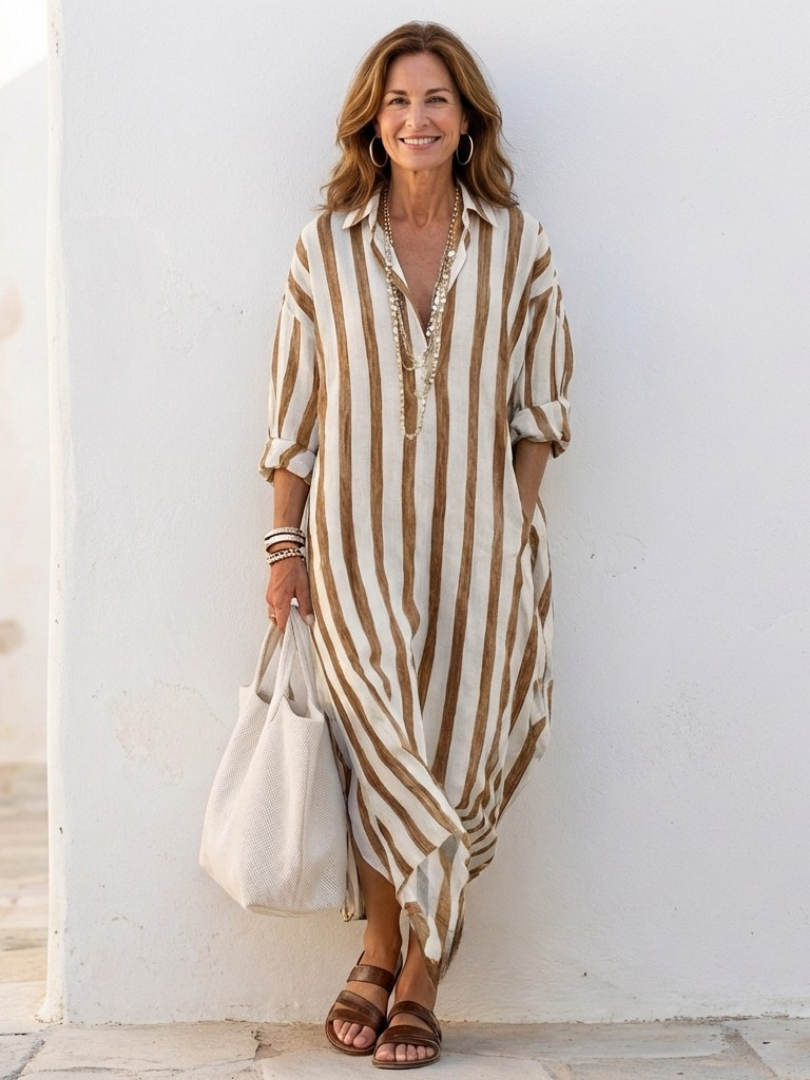 Nadia | Elegant Striped Midi Shirt Dress