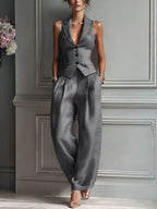 Women's Two-Piece Set with V-Neck and Buttons
