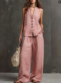 Two-piece cotton and linen set with sleeveless vest and wide-leg trousers